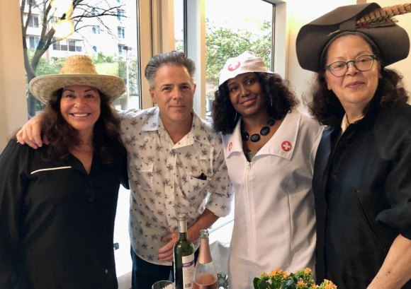 Island House Celebrates Lobby Grand Opening With Halloween Party Island House board members Candee Chusid, James Starace and Amrah Cardoso pose with property manager Richelle Neufville (in nurse costume.)